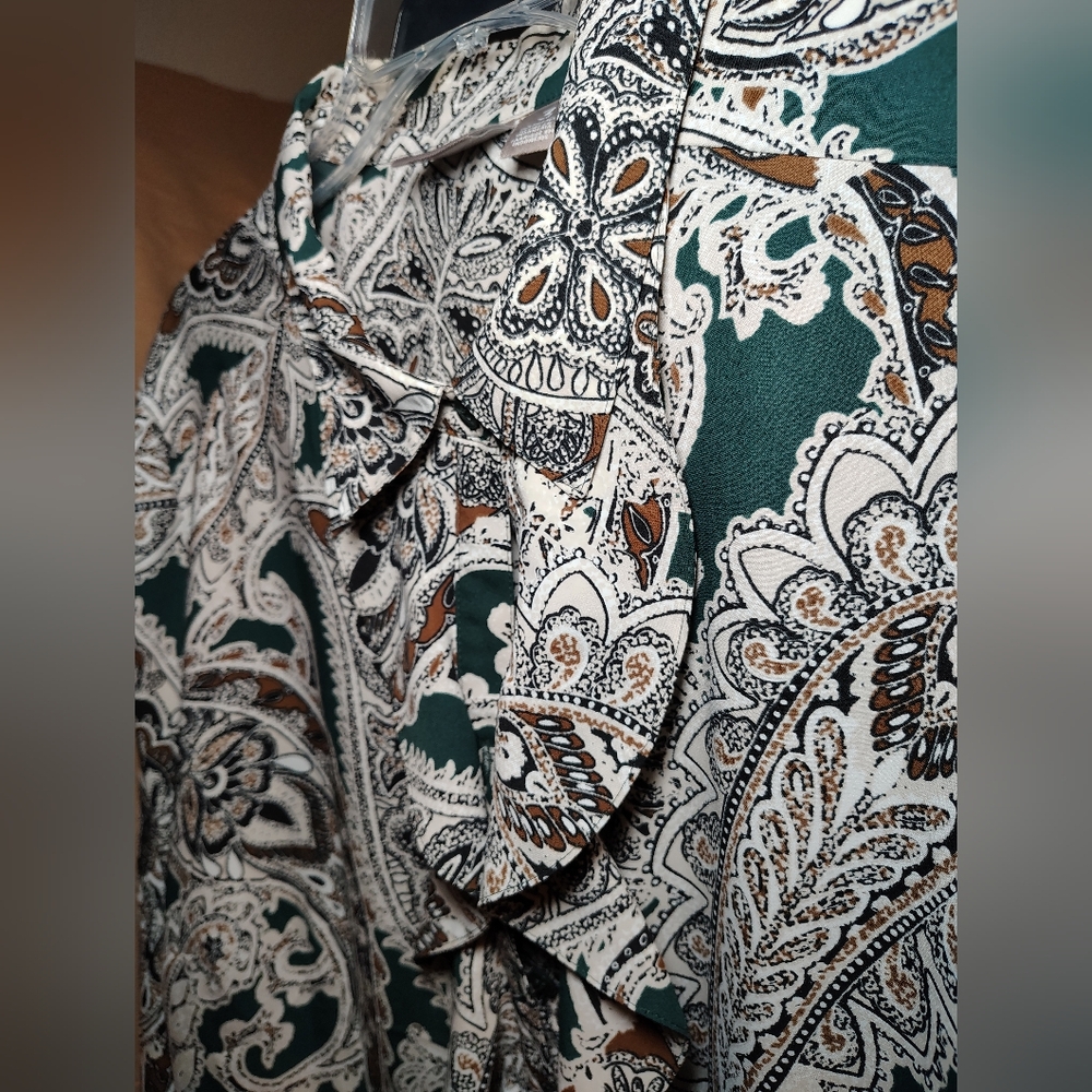 Chico’s Paisley Ruffle Blouse XL 16 Size 3 Green Brown Long Sleeve Career Top - Picture 6 of 10